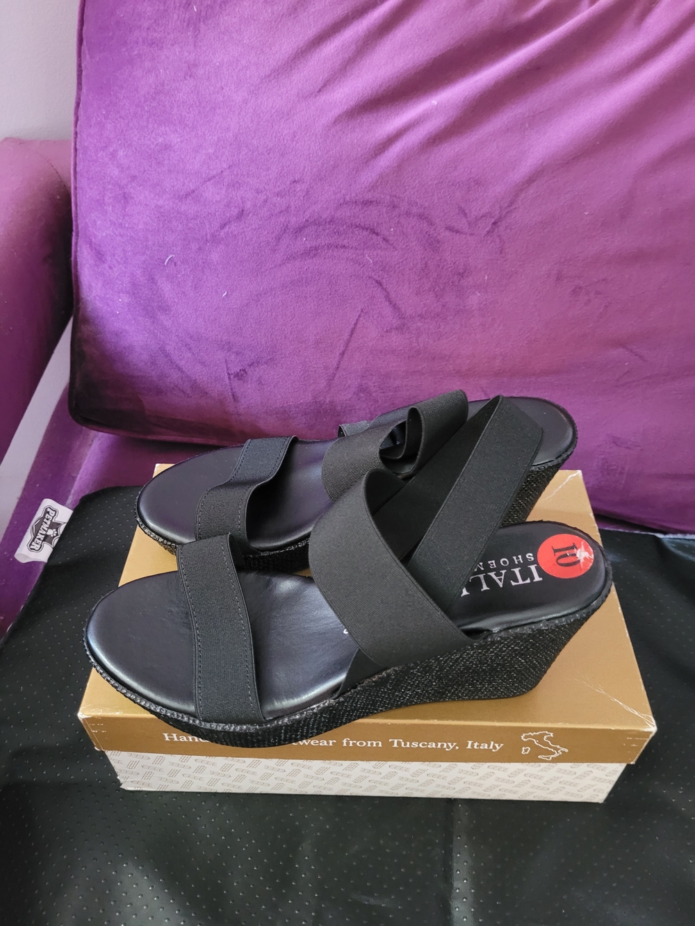 Italian Shoemakers Black Elastic Strap Wedge Sandals